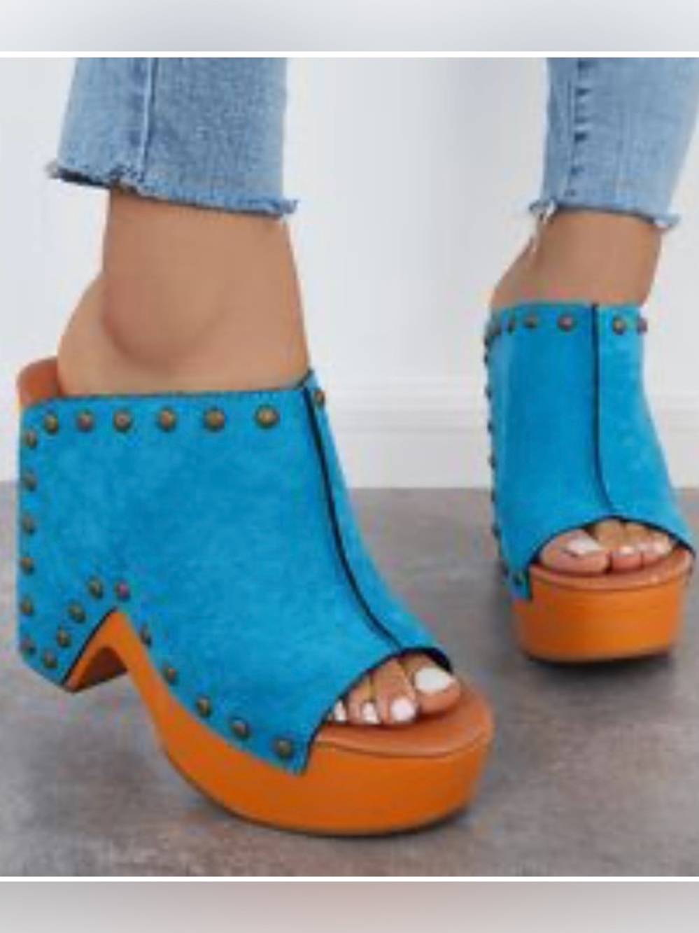 Tinstree Turquoise Vegan Suede Platform Mules Studded Heeled Clogs